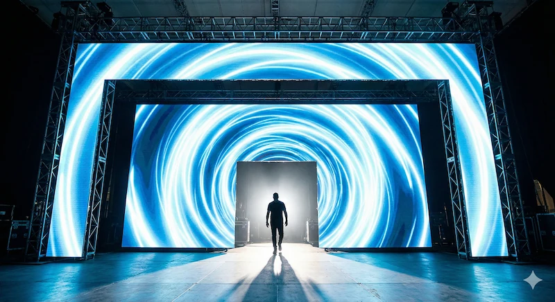Ponente cruzando un diseño de pantalla led gigante configurado como un arco digital en la entrada al escenario.