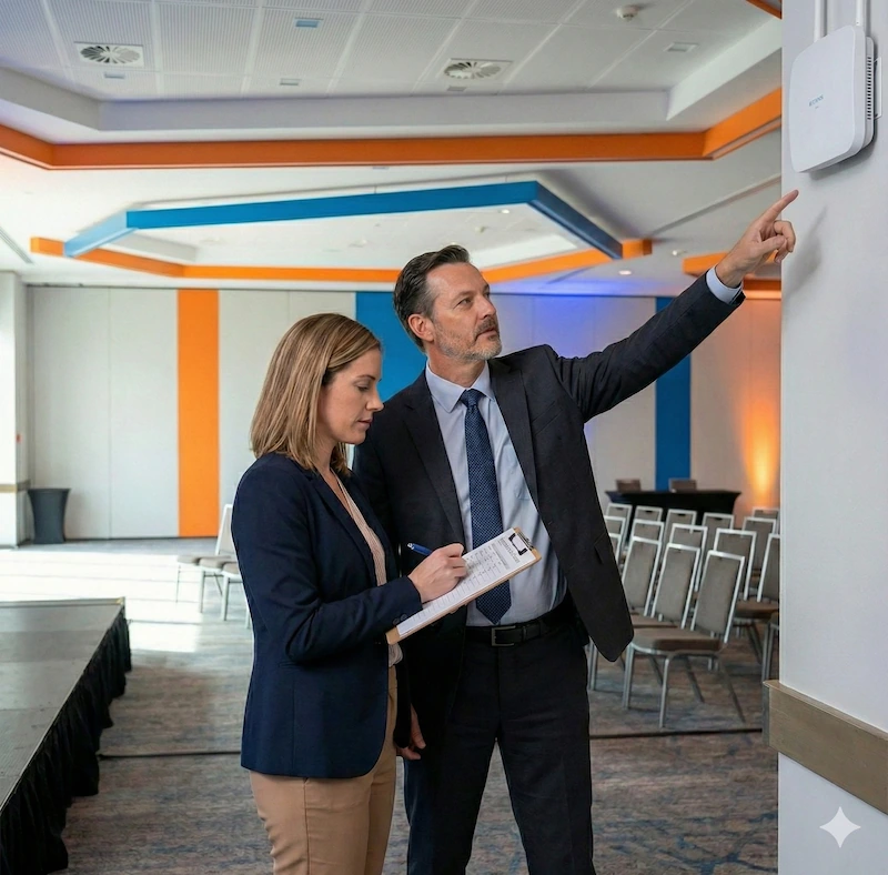 Event Manager revisando checklist del rider técnico mientras el personal de sala indica la ubicación de los puntos de acceso a internet.