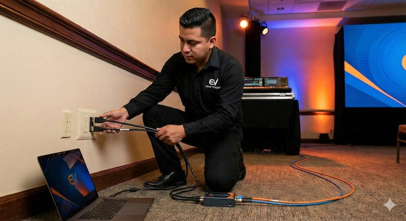 Técnico audiovisual de Edgar Vasquez AV verificando conexiones SDI y HDMI frente a una pantalla LED en un evento corporativo en Barcelona.