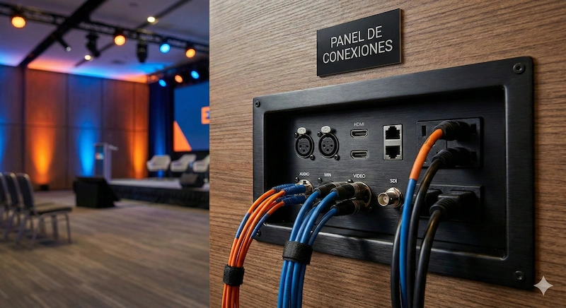 Técnico de Edgar Vasquez Servicios Audiovisuales sonriendo en un evento en Barcelona, junto a equipos de conectividad (cables SDI, fibra óptica, Teradek y mesa de sonido) y pantalla LED de fondo