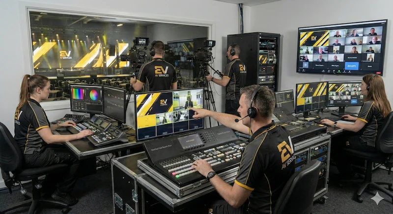 Equipo de realización gestionando un evento híbrido en sala de control.