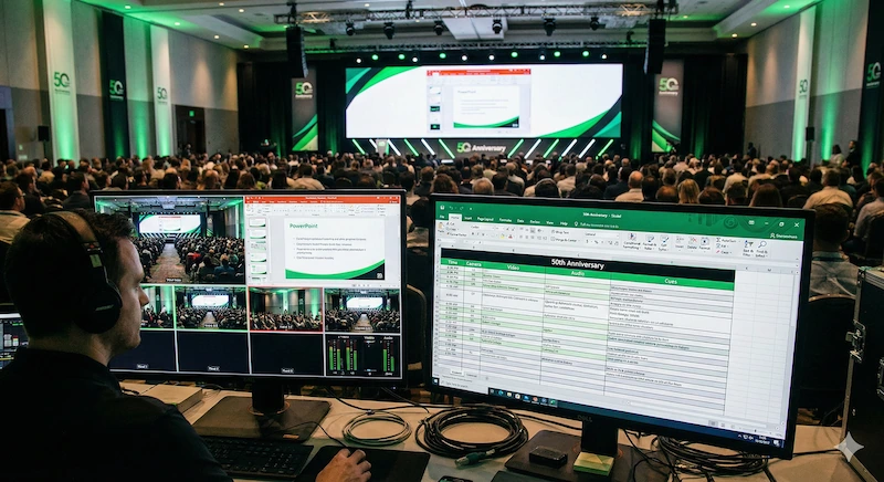 Técnico en control de streaming siguiendo escaleta en evento en directo