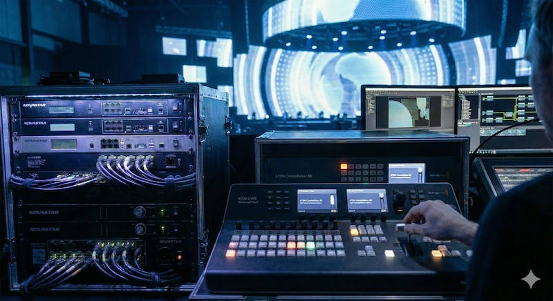 Zona de control técnico (FOH) con procesadores de video avanzados gestionando un diseño de pantallas led gigantes complejo.