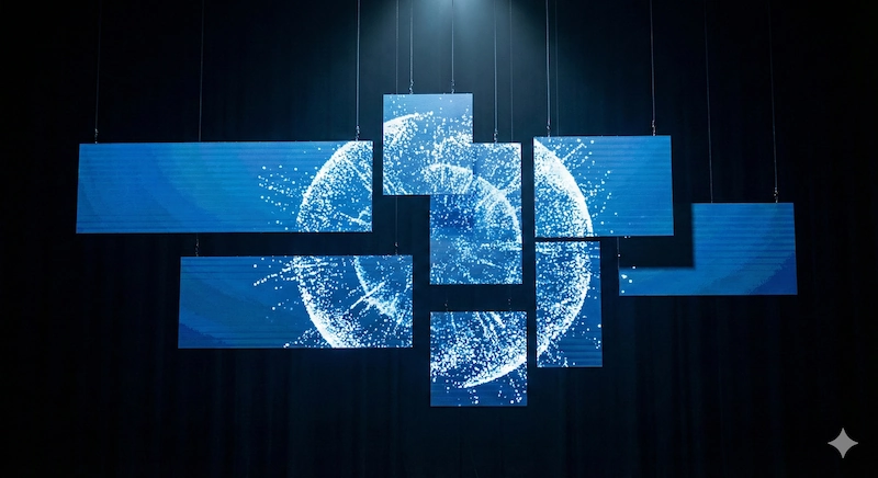 Escenografía con un diseño de pantallas led gigantes tipo mosaico disperso con módulos flotantes a distintas profundidades.