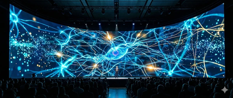 Escenario de evento corporativo con un diseño de pantallas led gigantes curvas mostrando visualización de datos avanzada.