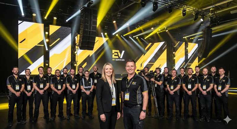 Foto grupal equipo técnico y managers en escenario corporativo.