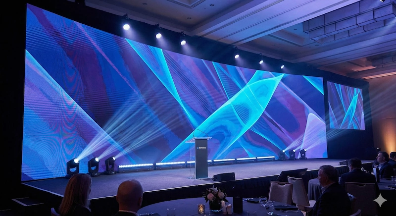 LED gigante integrada como fondo de escenario mostrando branding corporativo dinámico