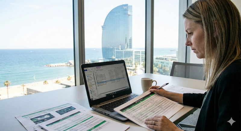 Event Manager revisando la escaleta técnica final en oficina en Barcelona.