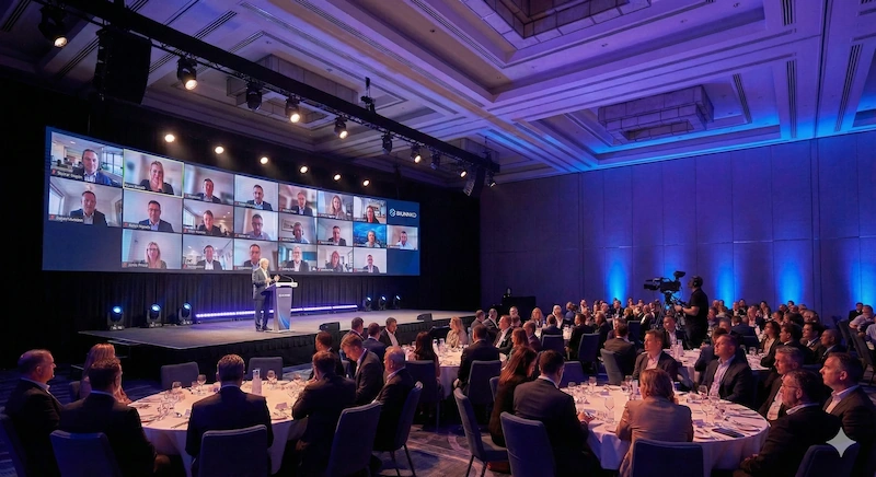 Configuración de escenario híbrido mostrando ponente remoto en pantalla con alta nitidez junto a ponente presencial.