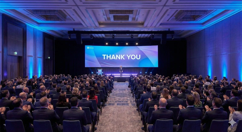 Plano general de evento corporativo exitoso en pleno funcionamiento con iluminación y proyección perfectas.