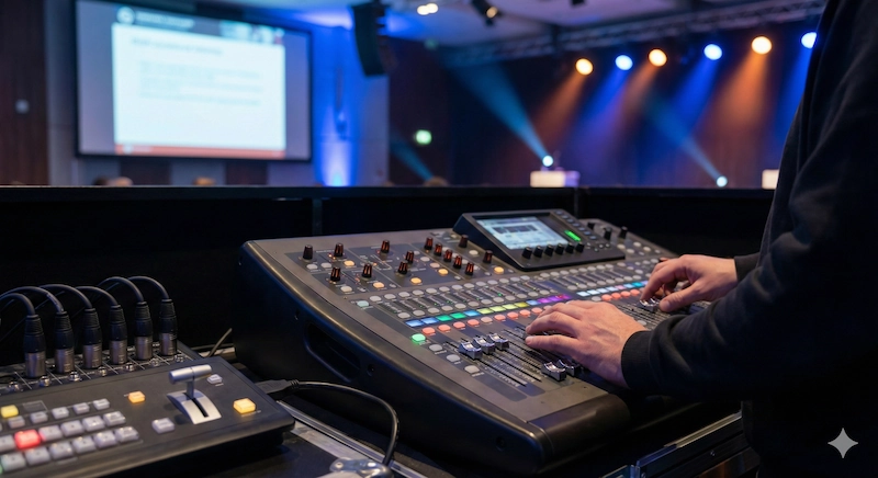 Mesa de mezclas digital procesando audio independiente separado de la señal de vídeo HDMI para mayor claridad.