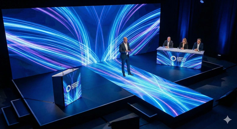 Ponentes sobre un escenario con integración de suelo led pisable y atril digital mostrando gráficos continuos.
