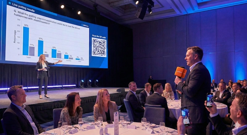 Asistentes a congreso participando activamente en sesión de preguntas y respuestas en auditorio moderno.