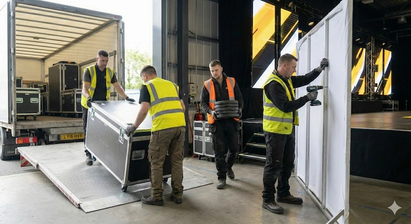 Personal de apoyo descargando material y montando escenografía.