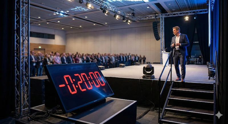 Ponente bajando del escenario con monitor de confort marcando tiempo negativo.