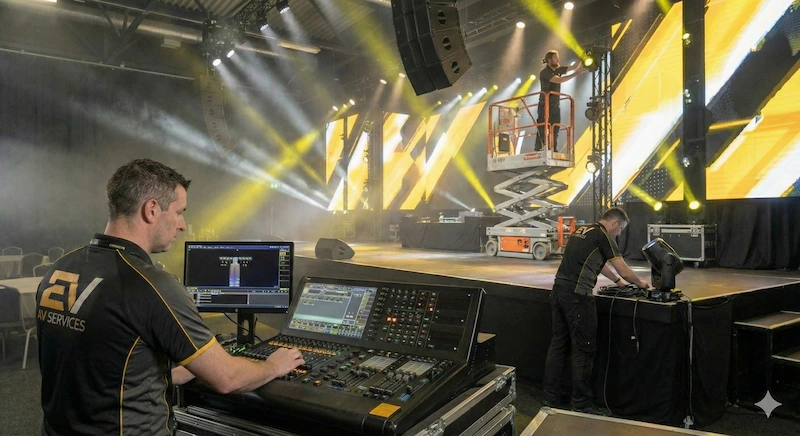 Técnico de luces en elevador y operador en consola de iluminación.