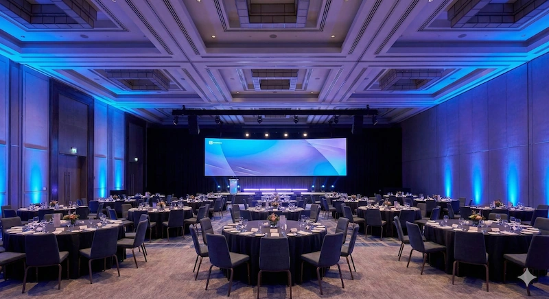 Sala de conferencias elegante con montaje de mesas tipo cabaret y sillas orientadas al escenario.
