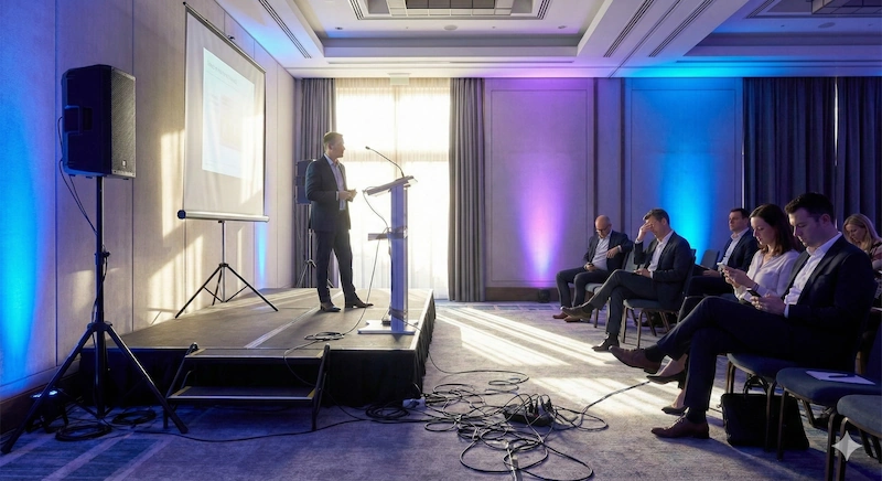 Detalle de montaje audiovisual limpio en escenario, con gestión de cableado oculto y estética cuidada.