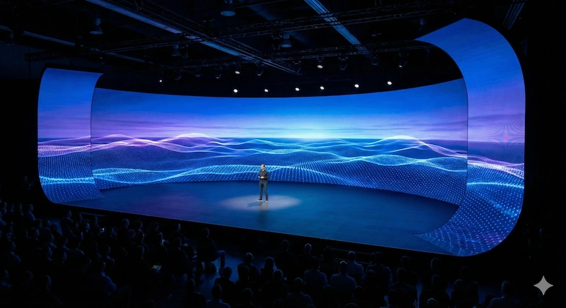 Ponente en un escenario rodeado por un diseño de pantalla led gigante con curvatura cóncava para mayor inmersión.