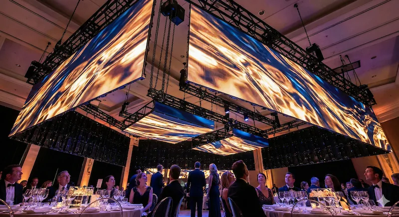 Vista contrapicada de un gran diseño de pantallas led gigantes suspendidas del techo sobre una zona de cena de gala.