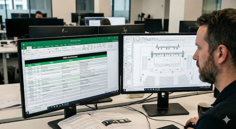 Productor técnico trabajando con planos 2D y escaleta en oficina.