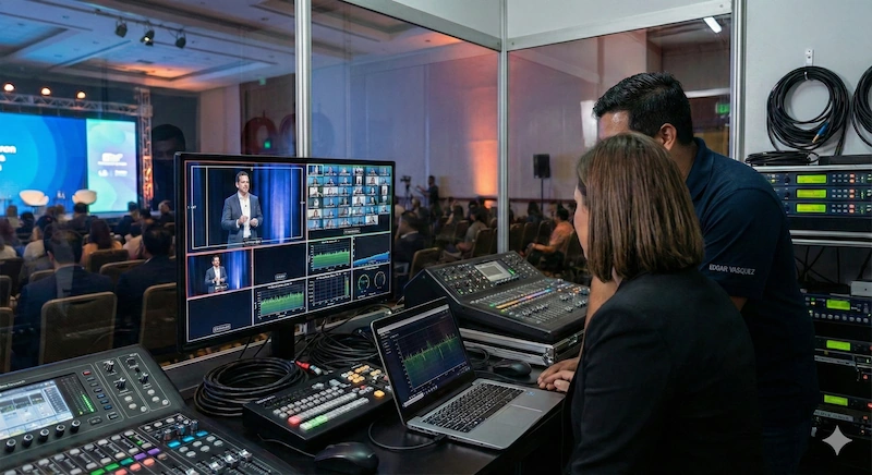 Técnicos de Edgar Vasquez Servicios Audiovisuales gestionando la seguridad de la señal de audio y streaming desde la cabina de control