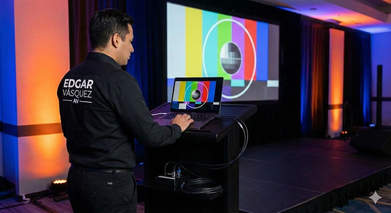 Técnico realizando pruebas de señal de vídeo con patrón de calibración (test pattern) en portátil y pantalla gigante desde atril.