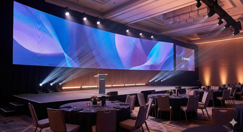 Escenario de evento corporativo en Barcelona con pantalla LED panorámica y diseño de iluminación profesional