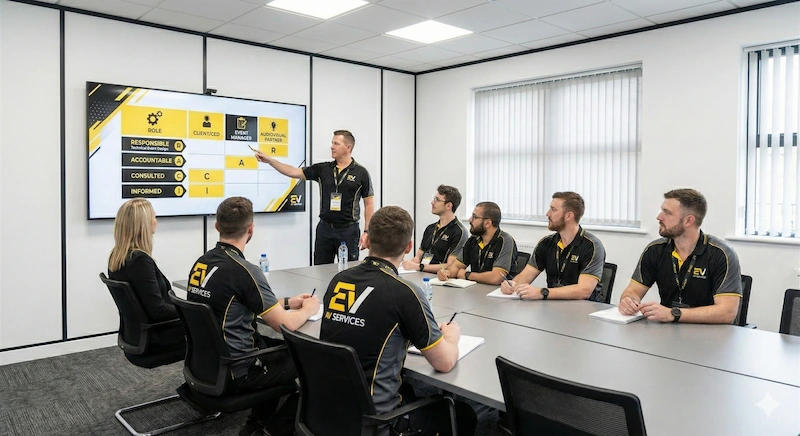 Jefe de producción explicando la matriz RACI al equipo en pantalla.