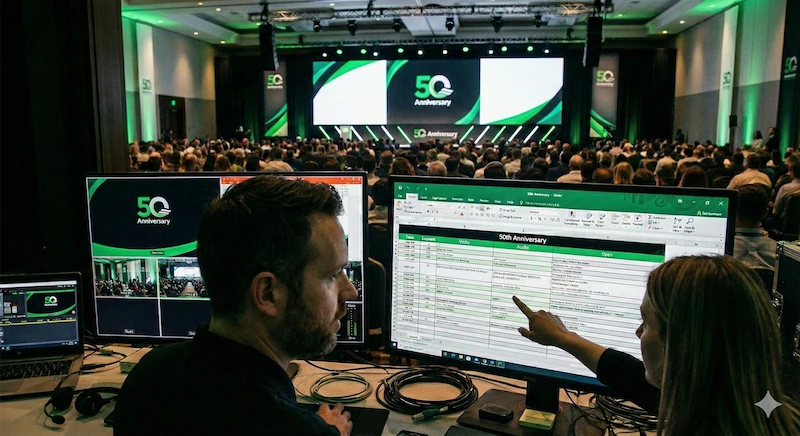 Event Manager y Director Técnico coordinando la escaleta en el control.