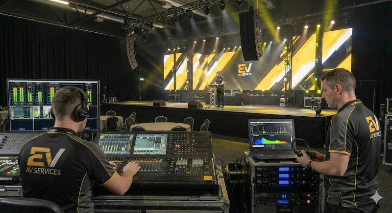 Operador de sonido en mesa y técnico de RF monitorizando frecuencias.