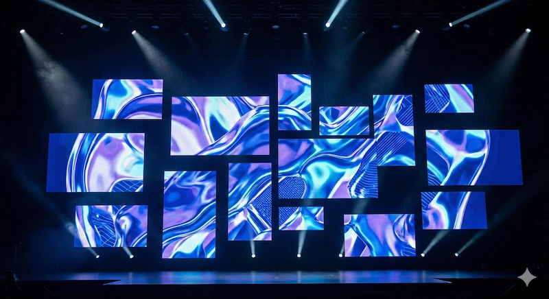 scenario corporativo mostrando varios tipos innovadores de diseño de pantallas led gigantes para 2026, rompiendo el formato único.