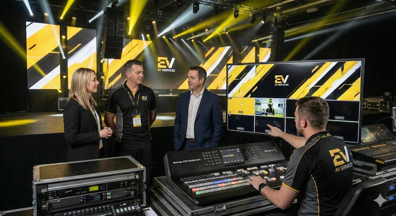 Cliente, Event Manager y Jefe de Producción en el control de vídeo.