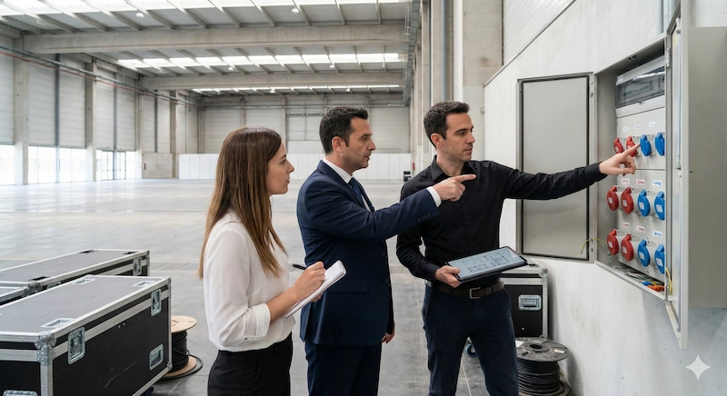 Equipo técnico revisando panel eléctrico durante visita a venue