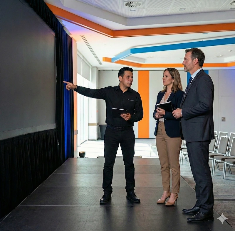 Técnico audiovisual, Event Manager y responsable de sala realizando una visita técnica (site inspection) conjunta en auditorio.