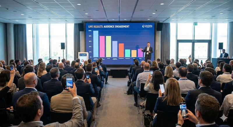 Ponente en un congreso en Barcelona frente a una gran pantalla que muestra resultados de una votación en vivo