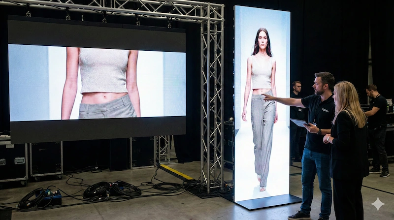 Técnicos audiovisuales evaluando la superioridad visual de las pantallas LED verticales frente al formato 16:9 clásico