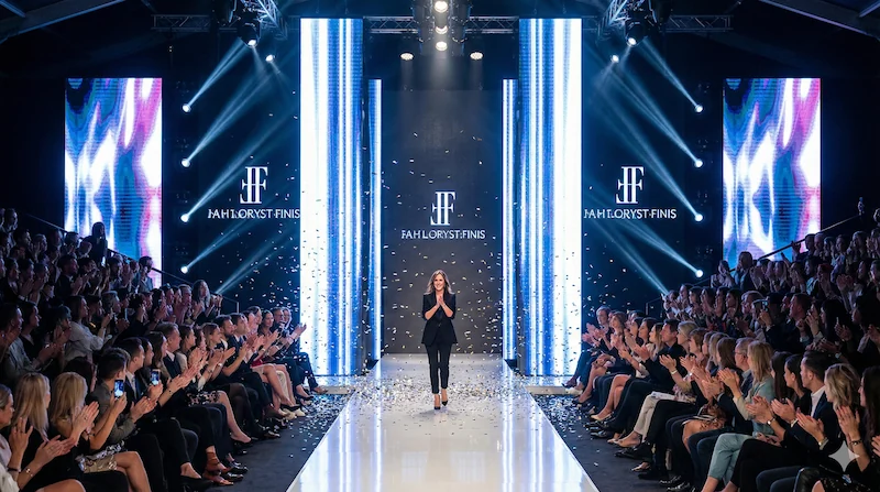Diseñadora recibiendo aplausos al cierre del desfile en un escenario potenciado por impactantes pantallas LED verticales.