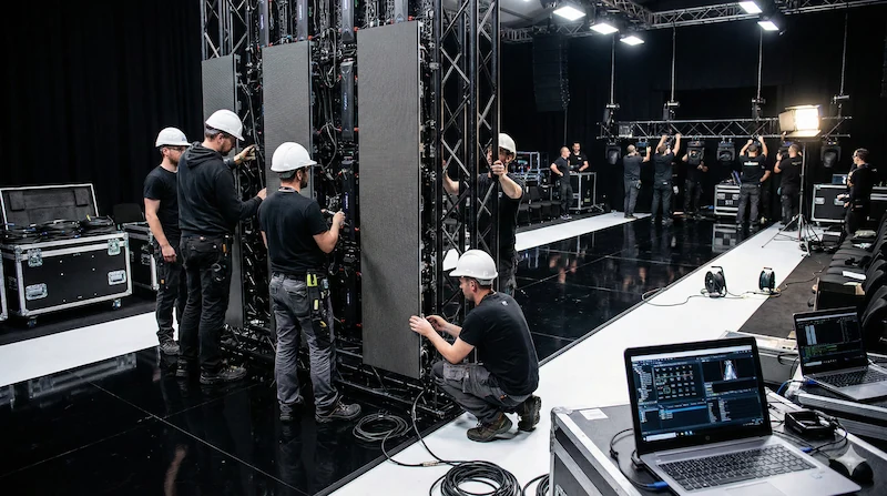 Equipo de producción técnica realizando el montaje profesional de pantallas LED verticales para una pasarela
