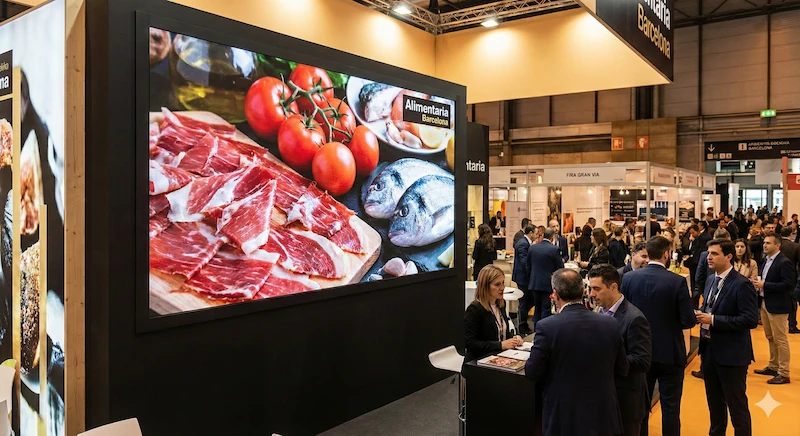 Stand concurrido en la feria Alimentaria Barcelona con una pantalla LED modular grande mostrando imágenes vibrantes de comida fresca (tomates, pescado, jamón).