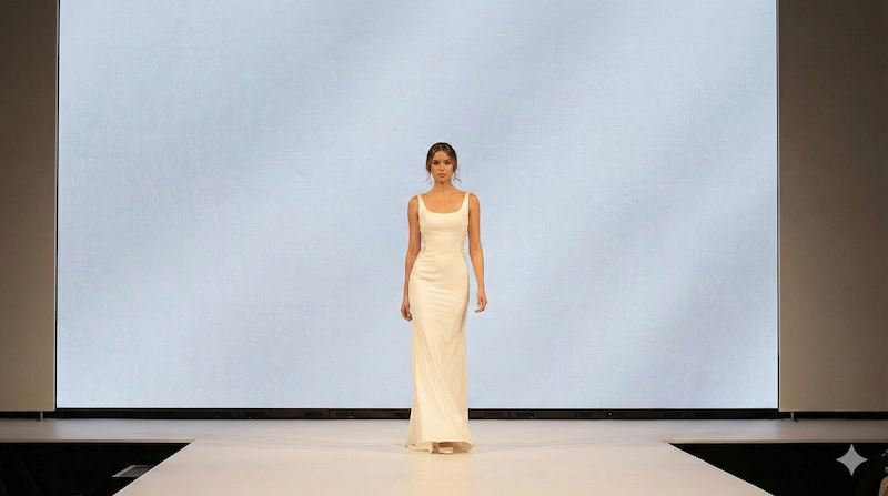Modelo en pasarela de la Barcelona Bridal Week con fondo de pantallas LED para eventos de moda calibradas en blanco puro