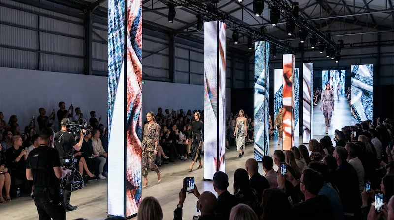 Modelo desfilando en una pasarela inmersiva con pantallas LED verticales para eventos de moda