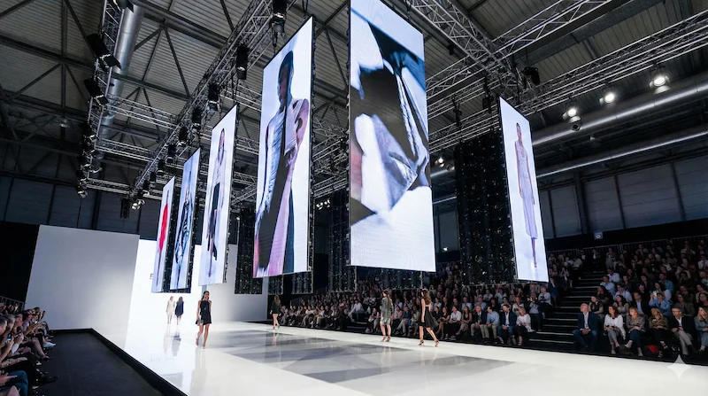 Pasarela en Fira de Barcelona con enormes pantallas LED verticales suspendidas del techo mediante rigging.