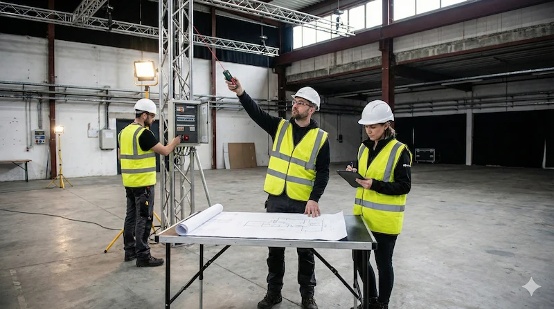 Técnicos realizando una site inspection para garantizar la instalación segura de pantallas LED verticales y estructuras de rigging.